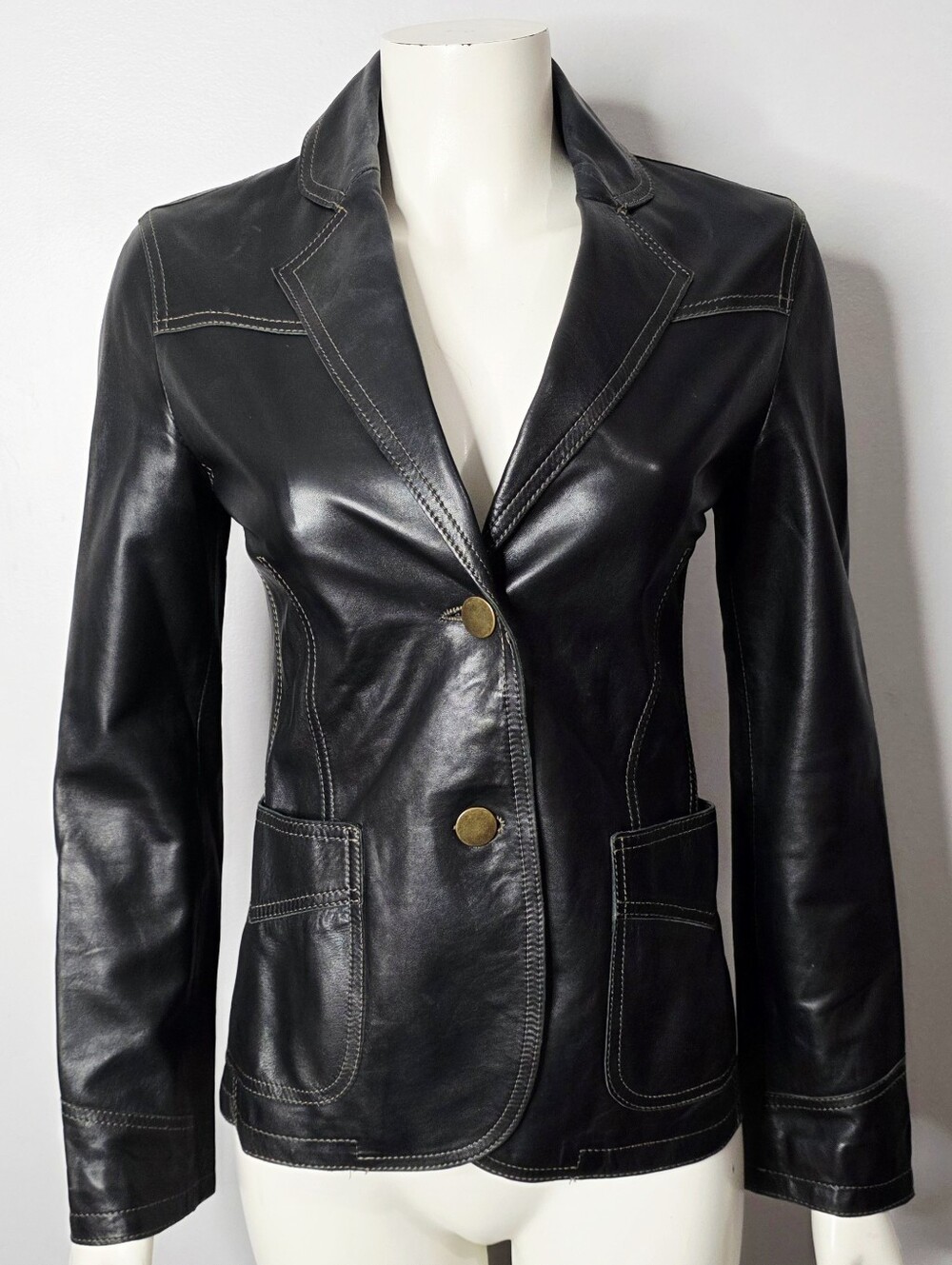Vintage 90s Armani Black Leather Blazer Jacket - Classic Tailored Women's Coat